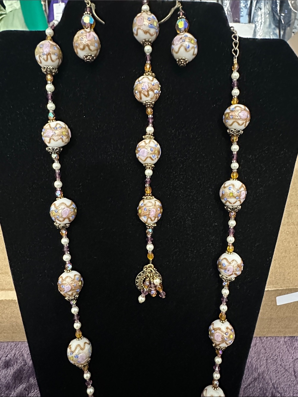 Handcrafted Pink and Gold Beaded Necklace & Earring Set